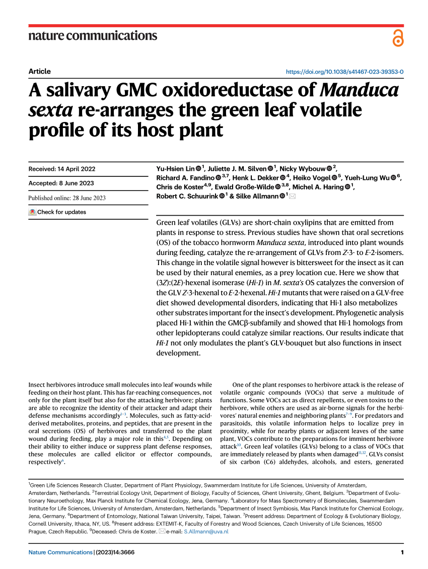 Pdf A Salivary Gmc Oxidoreductase Of Manduca Sexta Re Arranges The Green Leaf Volatile Profile 