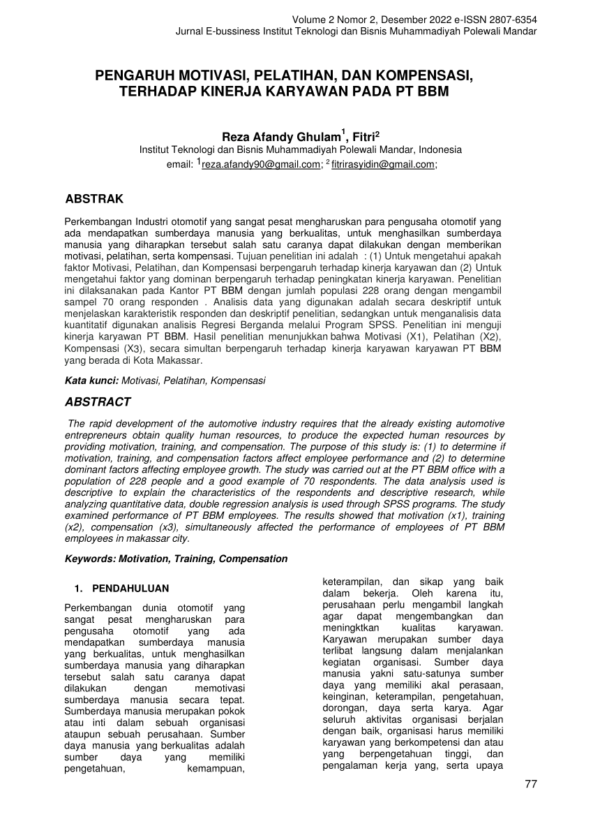 Pdf Pengaruh Motivasi Pelatihan Dan Kompensasi Terhadap Kinerja Karyawan Pada Pt Bbm 3269