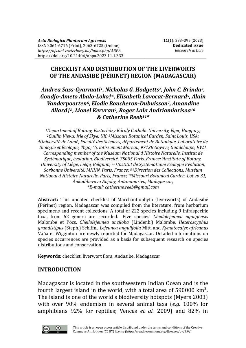 PDF Checklist and distribution of the liverworts of the Andasibe  