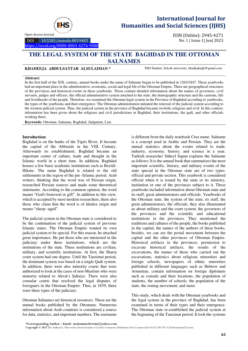 PDF) International Journal for Humanities and Social Sciences (IJHS) THE LEGAL SYSTEM OF THE STATE BAGHDAD IN THE OTTOMAN SALNAMES