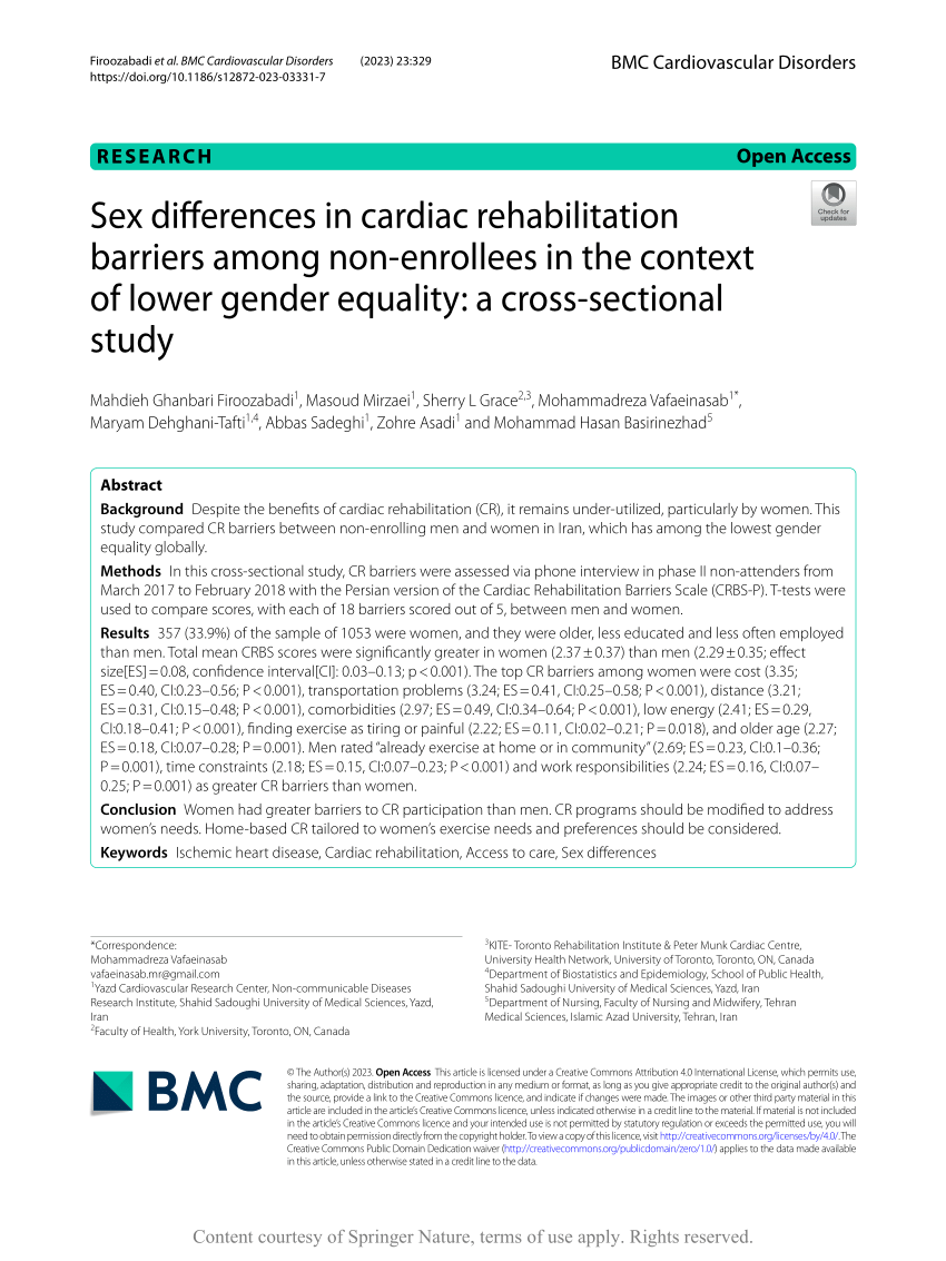 Pdf Sex Differences In Cardiac Rehabilitation Barriers Among Non Enrollees In The Context Of