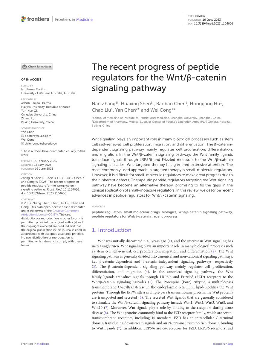 pdf the recent progress of peptide regulators for the wnt β catenin