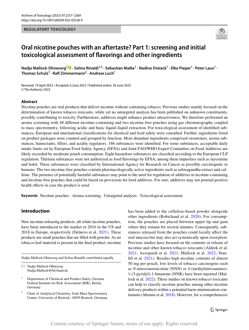 PDF Oral nicotine pouches with an aftertaste Part 1 screening