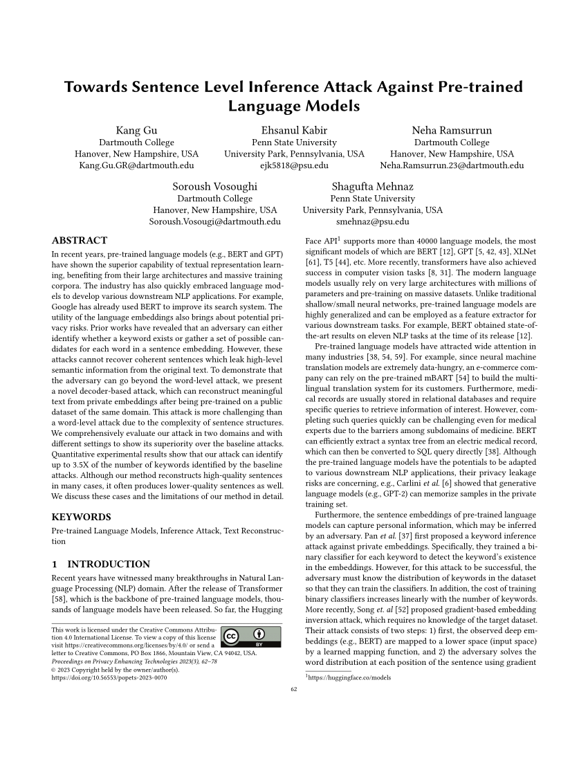 PDF) Towards Sentence Level Inference Attack Against Pre-trained