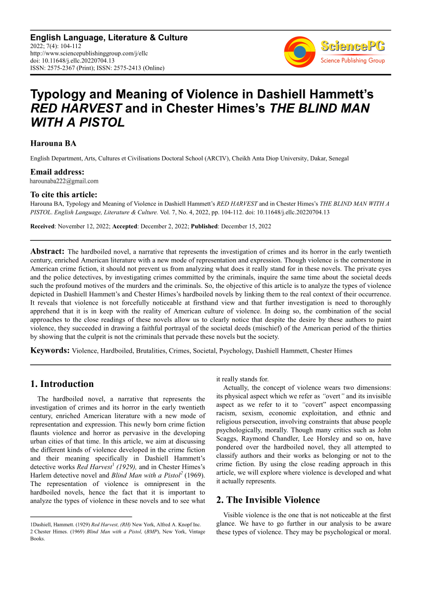 trofast Person med ansvar for sportsspil udkast PDF) Harouna BA, Typology and Meaning of Violence in Dashiell Hammett's RED  HARVEST and in Chester Himes's THE BLIND MAN WITH A PISTOL