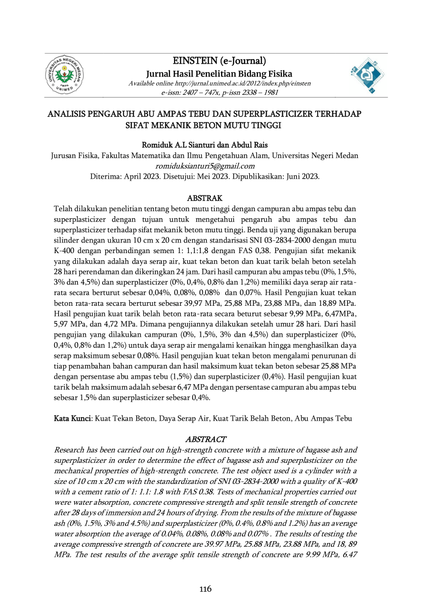 Pdf Analisis Pengaruh Abu Ampas Tebu Dan Superplasticizer Terhadap Sifat Mekanik Beton Mutu Tinggi 2018