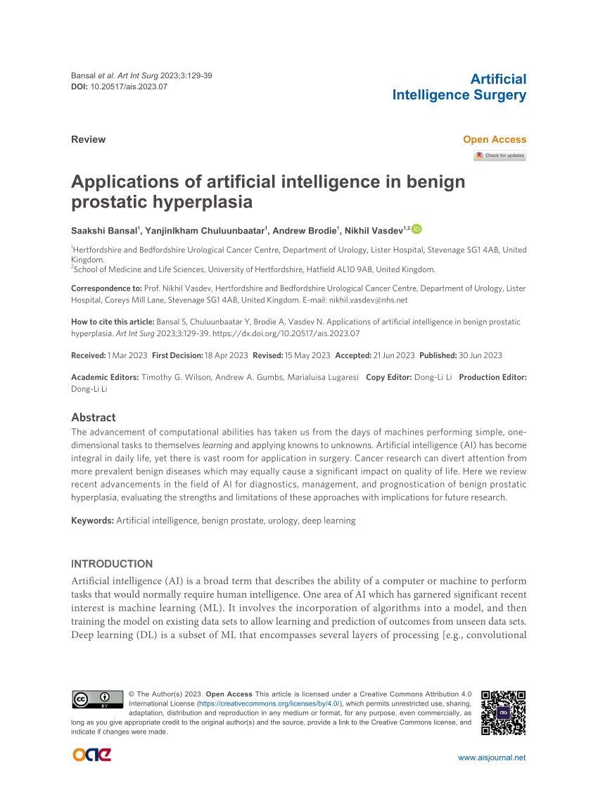 PDF Applications of artificial intelligence in benign prostatic