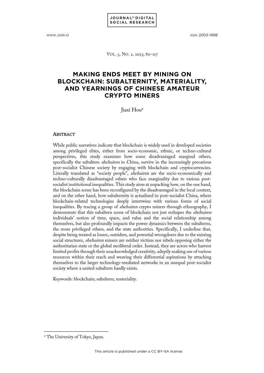 PDF) Making Ends Meet by Mining on Blockchain Subalternity, Materiality, and Yearnings of Chinese Amateur Crypto-miners picture