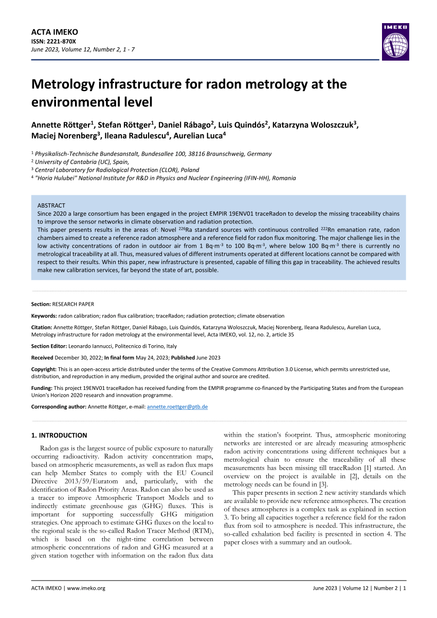 PDF) Metrology infrastructure for radon metrology at the environmental level