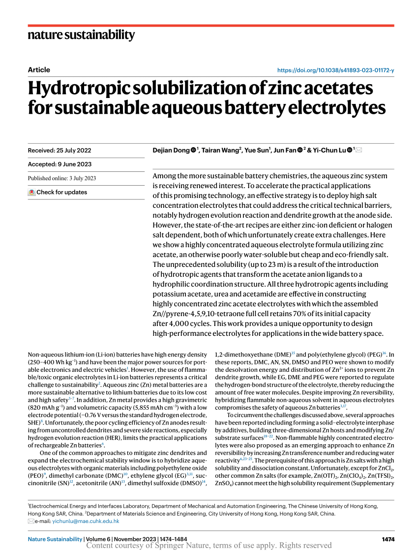 Hydrotropic solubilization of zinc acetates for sustainable aqueous battery  electrolytes