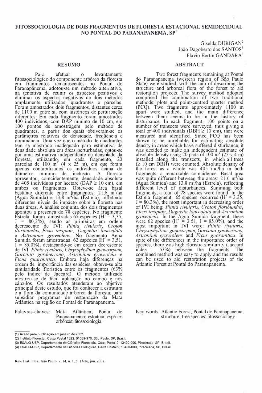 Pdf Fitossociologia De Dois Fragmentos De Floresta Estacional Semidecidual No Pontal Do 3016