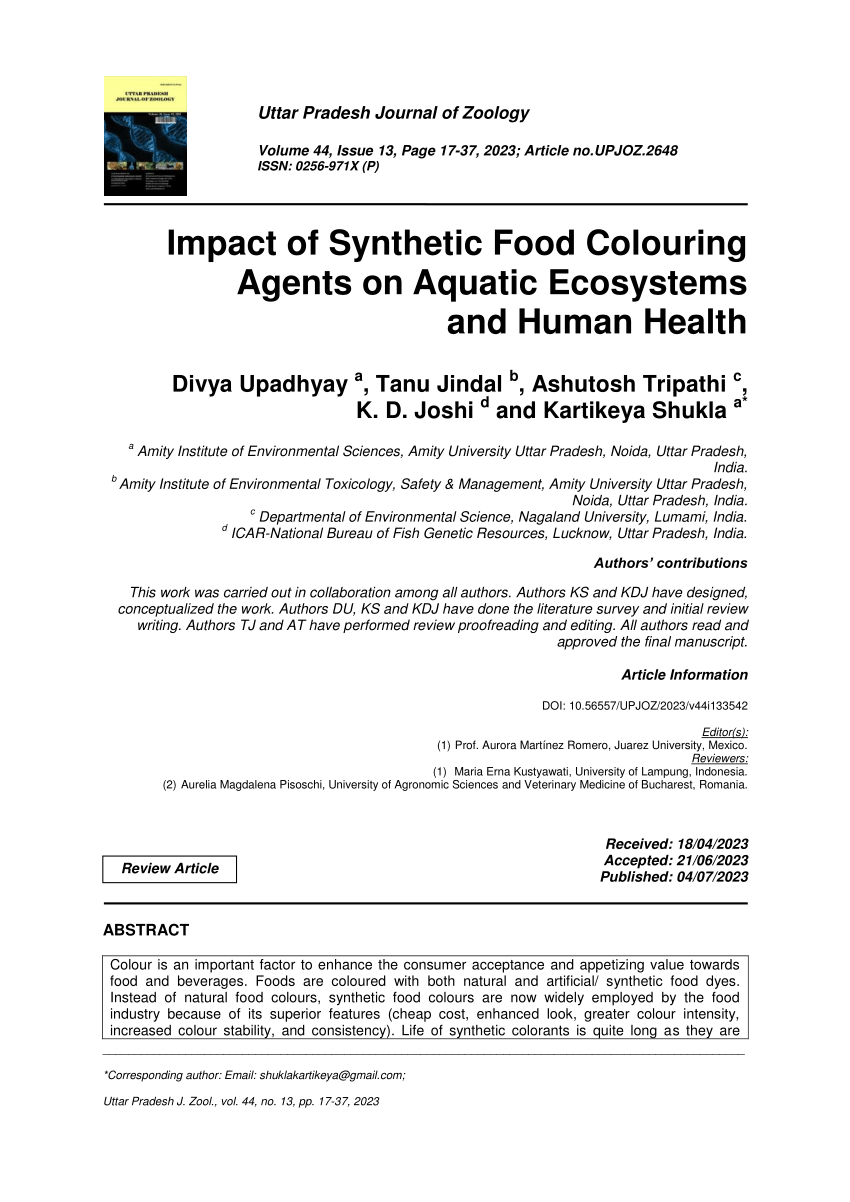 PDF) Impact of Synthetic Food Colouring Agents on Aquatic Ecosystems and  Human Health