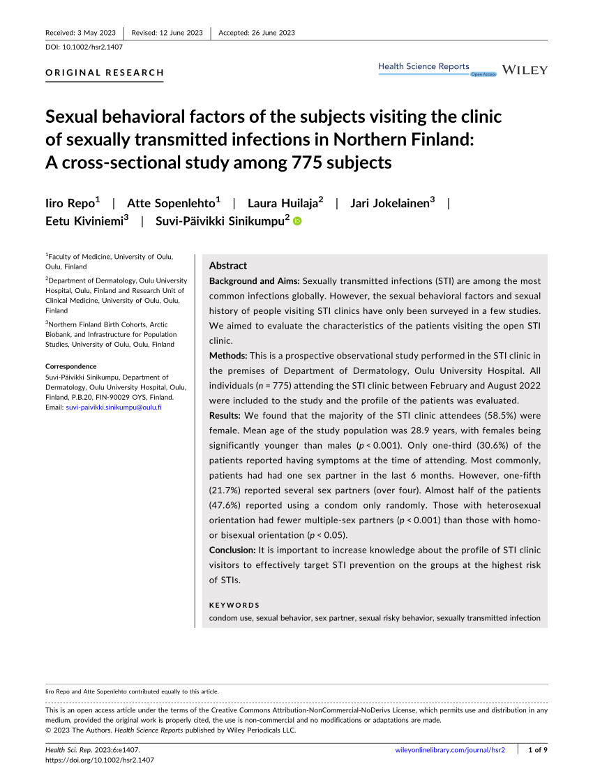 PDF) Sexual behavioral factors of the subjects visiting the clinic of sexually transmitted infections in Northern Finland A cross‐sectional study among 775 subjects