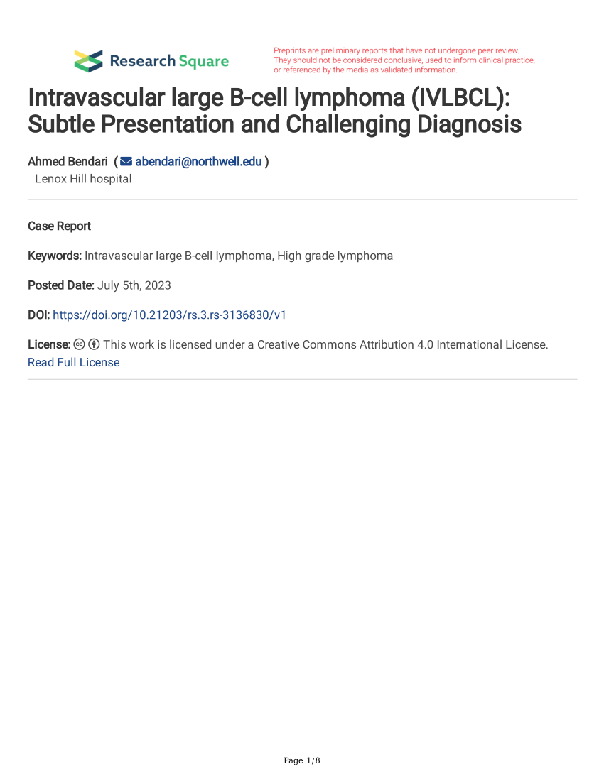 Pdf Intravascular Large B Cell Lymphoma Ivlbcl Subtle Presentation And Challenging Diagnosis 