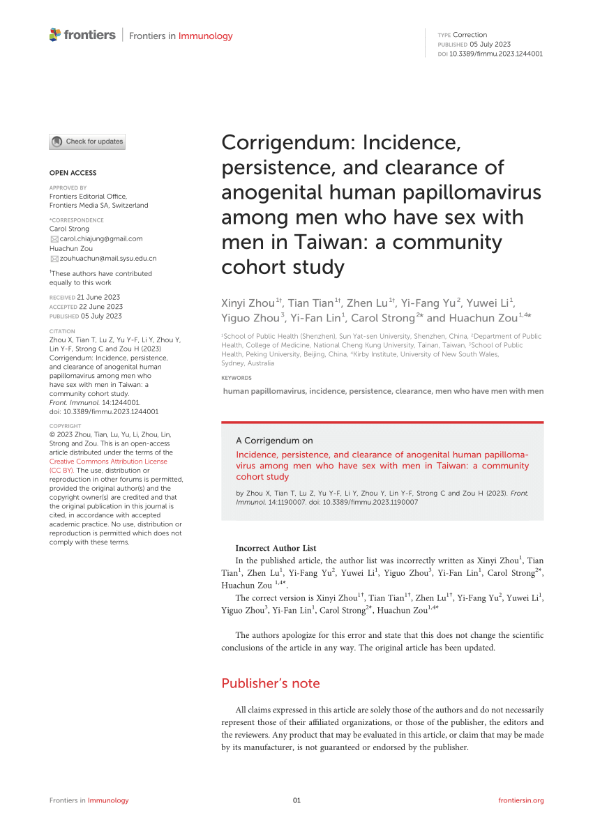 Pdf Corrigendum Incidence Persistence And Clearance Of Anogenital Human Papillomavirus 