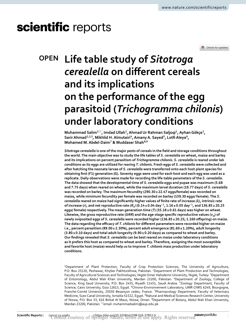 (PDF) Life table study of Sitotroga cerealella on different cereals and ...