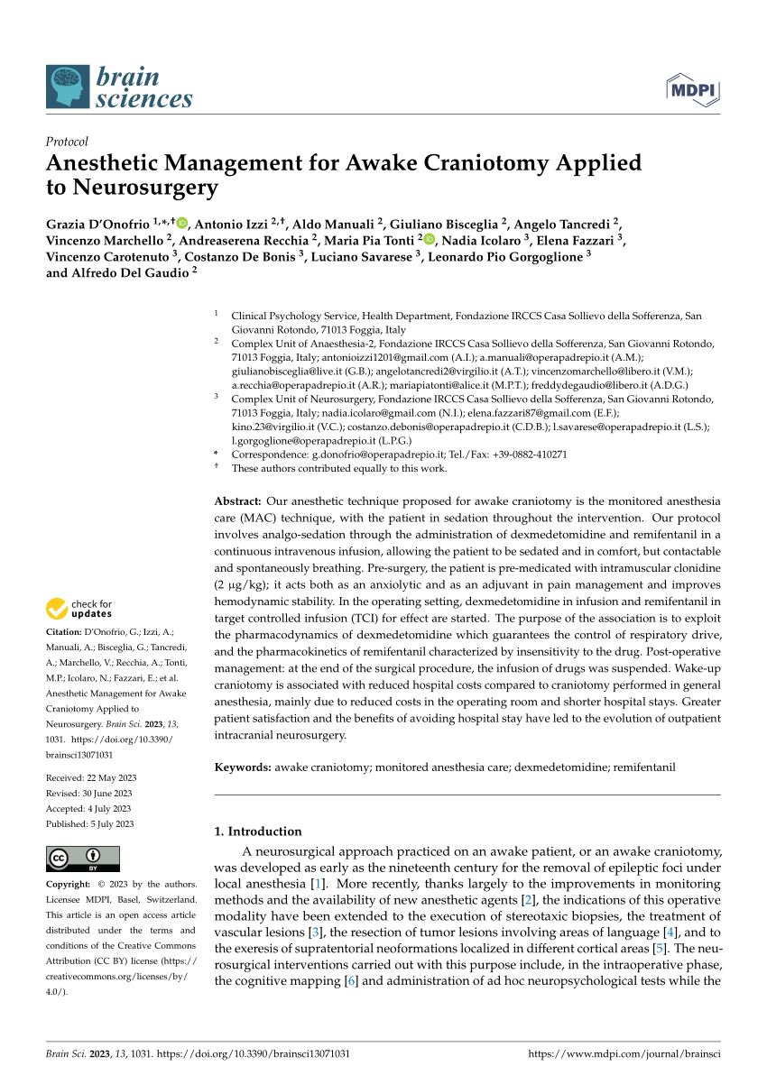 Pdf Anesthetic Management For Awake Craniotomy Applied To Neurosurgery