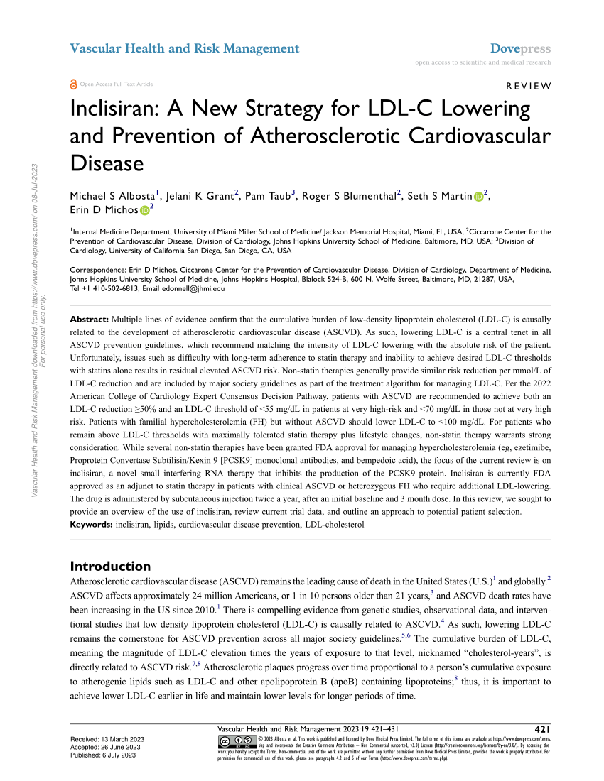 Pdf Inclisiran A New Strategy For Ldl C Lowering And Prevention Of Atherosclerotic 3345