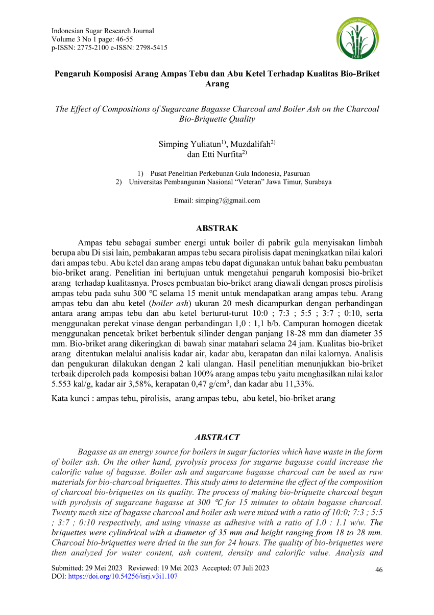 Pdf Pengaruh Komposisi Arang Ampas Tebu Dan Abu Ketel Terhadap Kualitas Bio Briket Arang 8307