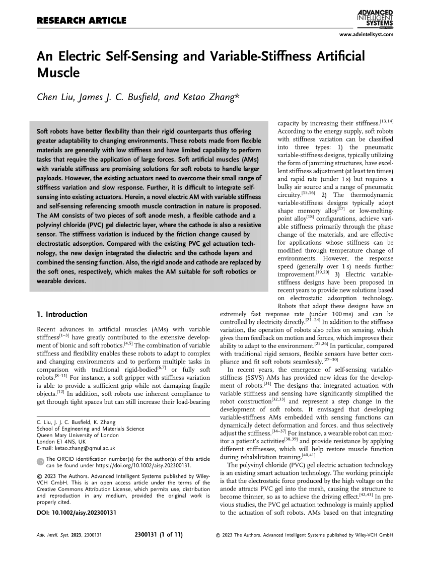 Pdf An Electric Self‐sensing And Variable‐stiffness Artificial Muscle