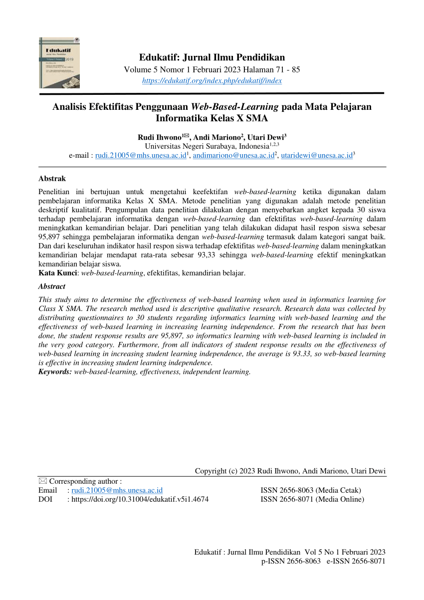 Pdf Analisis Efektifitas Penggunaan Web Based Learning Pada Mata Pelajaran Informatika Kelas X Sma 2047