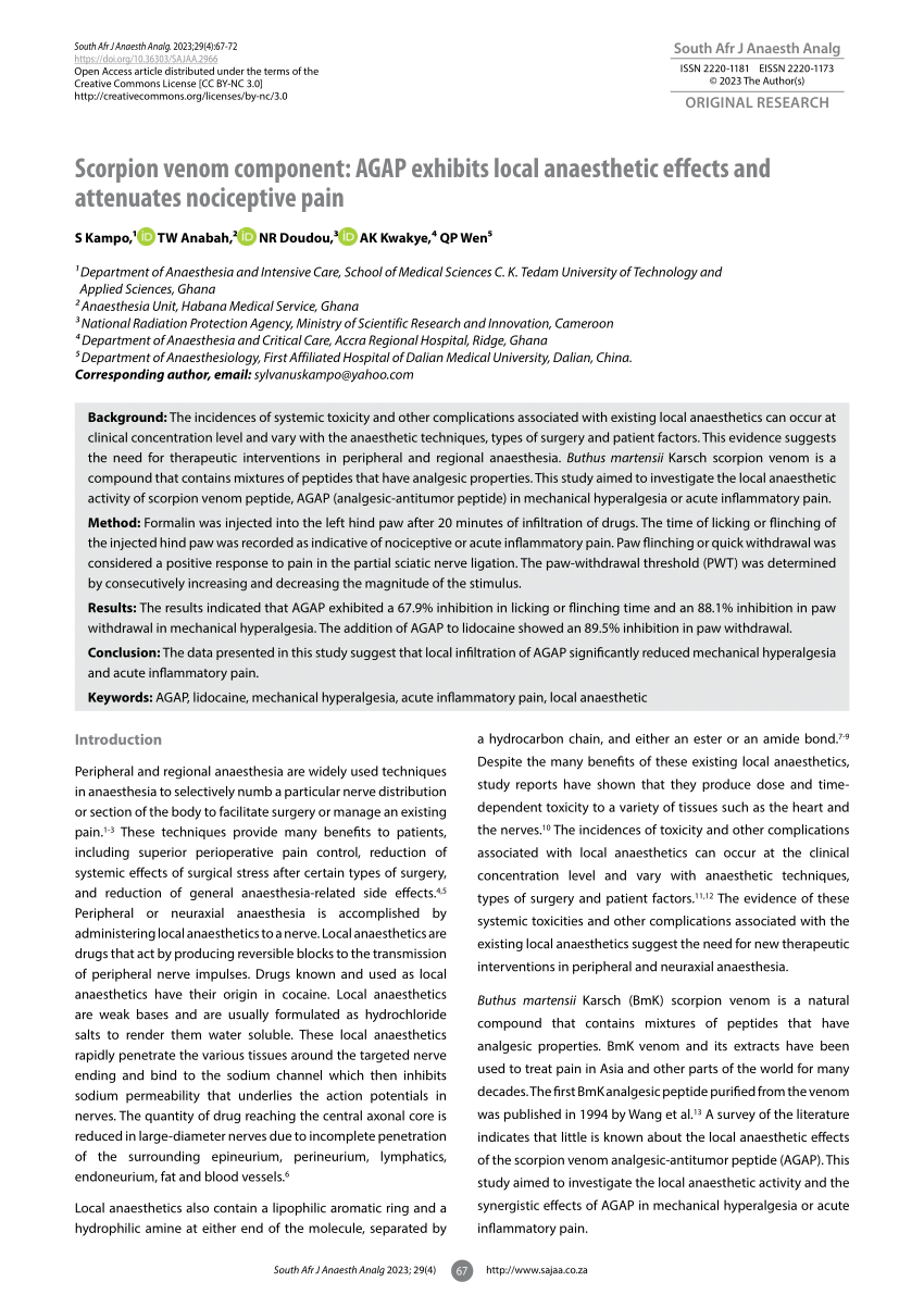 (PDF) Scorpion venom component: AGAP exhibits local anaesthetic effects ...