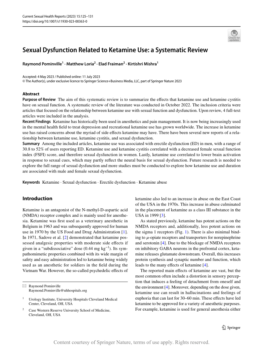 Sexual Dysfunction Related to Ketamine Use a Systematic Review