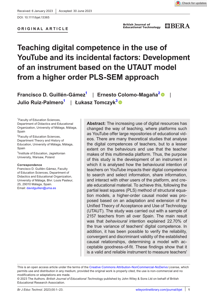 PDF) Teaching digital competence in the use of  and its incidental  factors: Development of an instrument based on the UTAUT model from a  higher order PLS-SEM approach