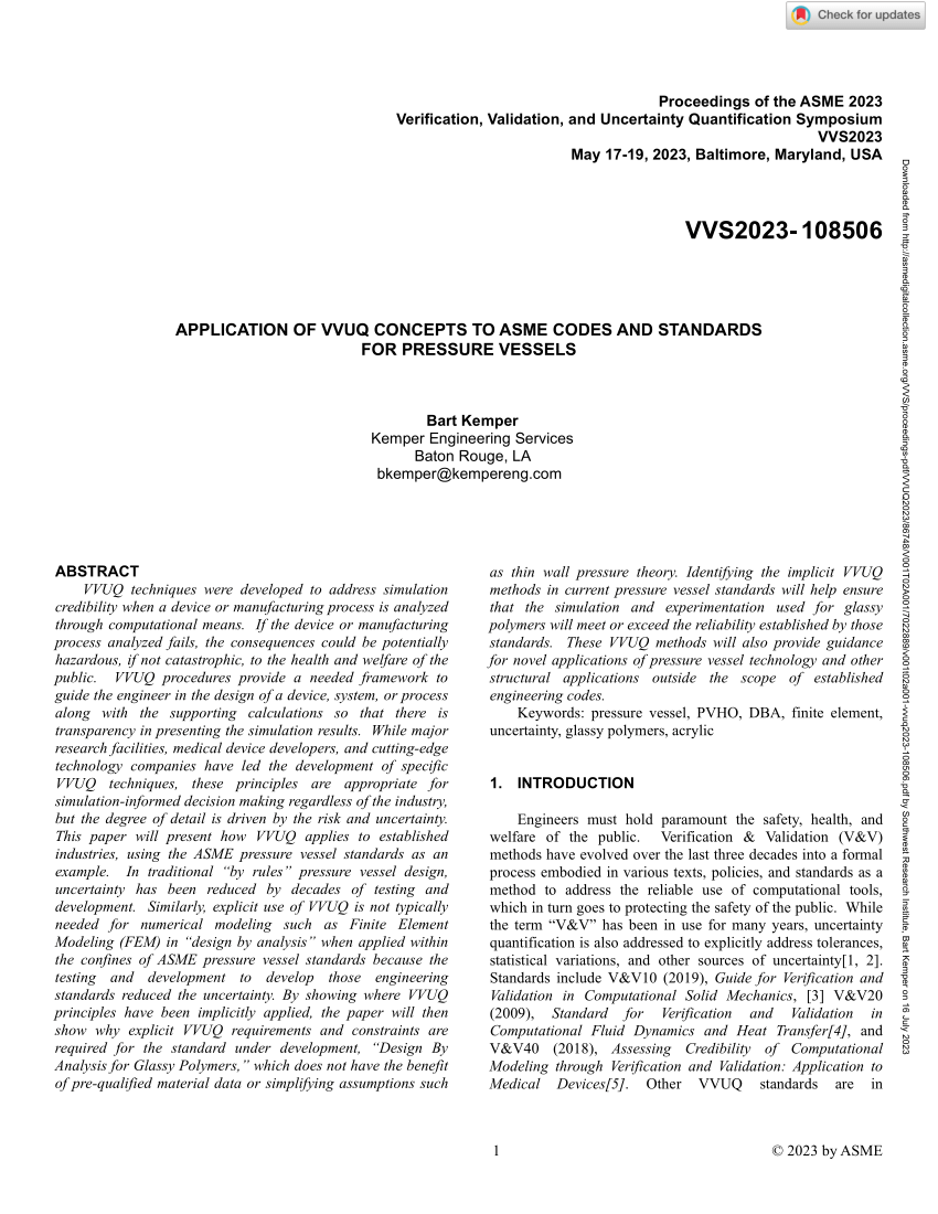 PDF) Application of VVUQ Concepts to ASME Codes and Standards for Pressure  Vessels