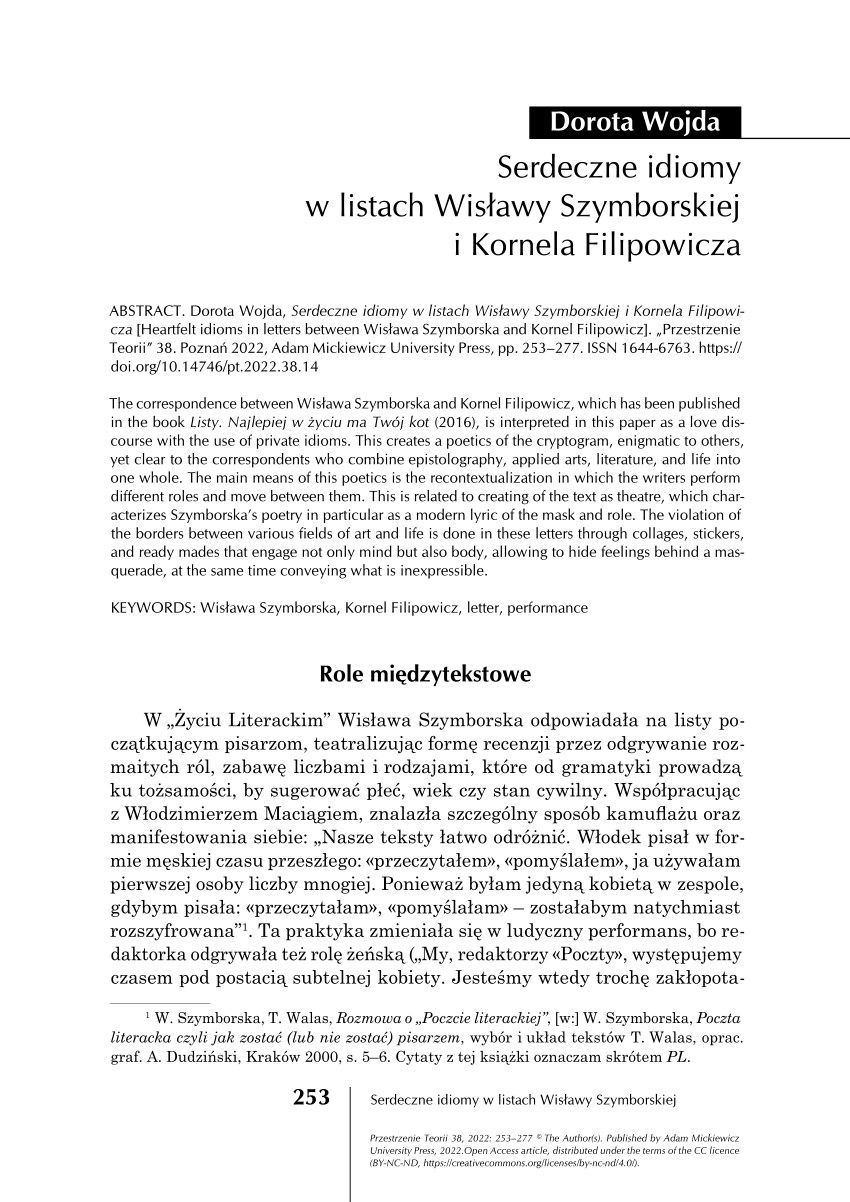 PDF) Serdeczne idiomy w listach Wisławy Szymborskiej i Kornela Filipowicza