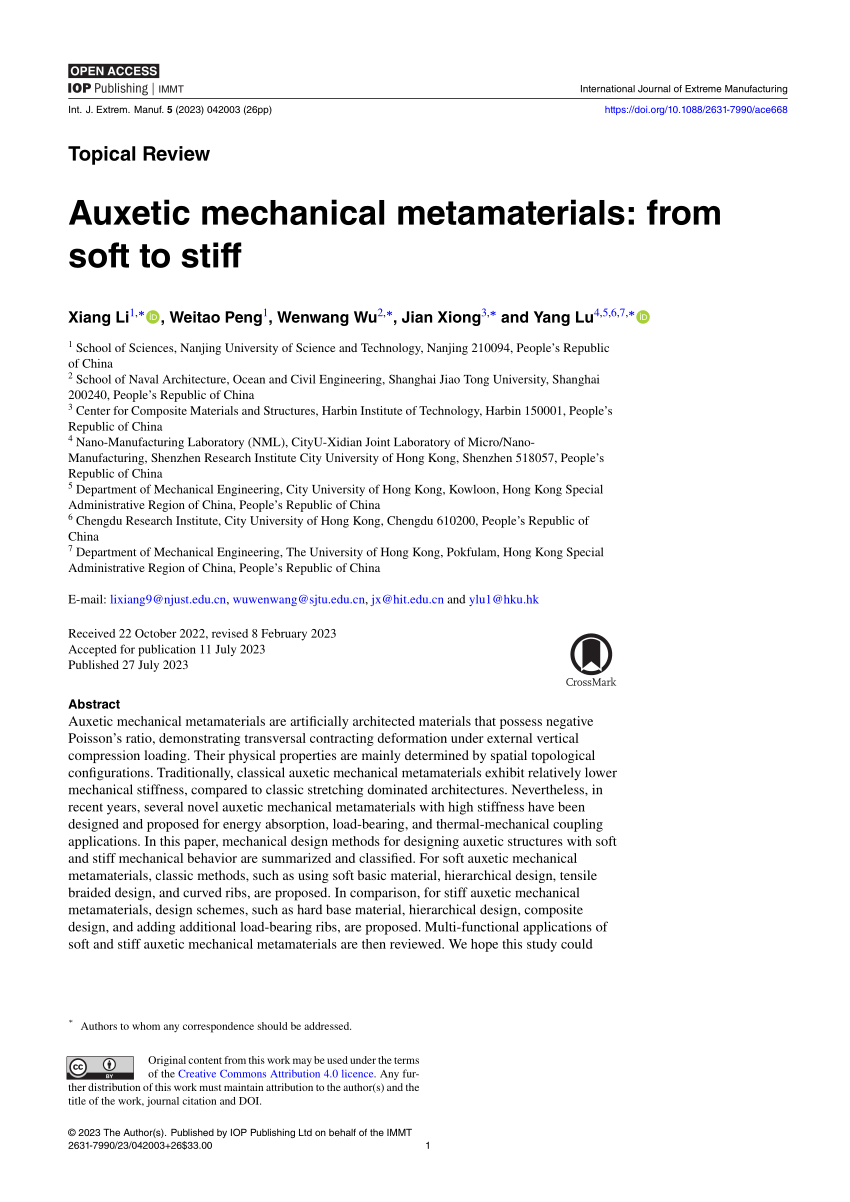 PDF) Auxetic materials: from soft to stiff