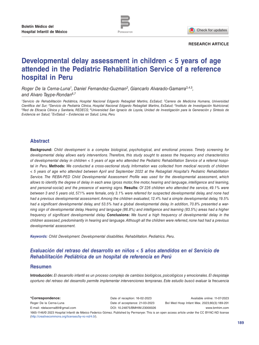 PDF) Developmental delay assessment in childrenu003c 5 years of age attended in the Pediatric Rehabilitation Service of a reference hospital in P image