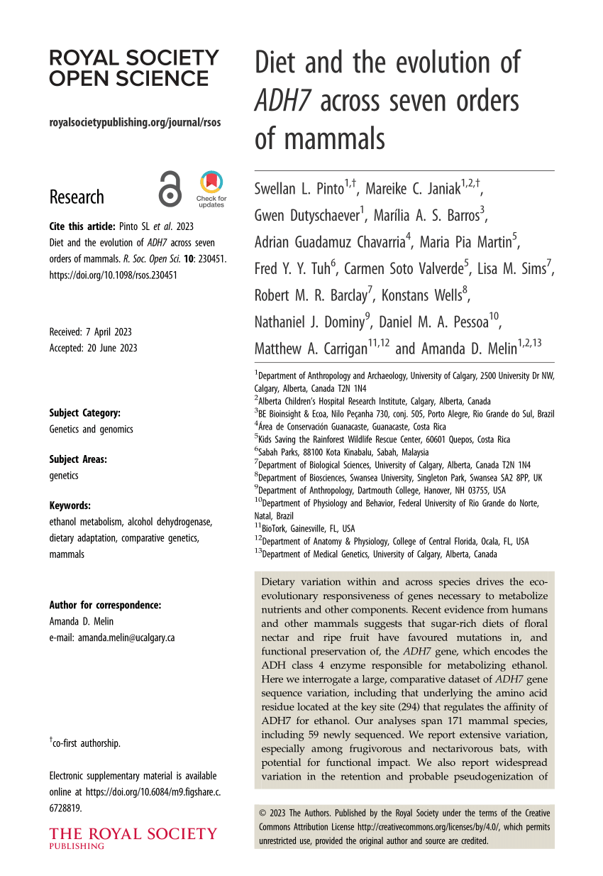 (PDF) Diet and the evolution of ADH7 across seven orders of mammals