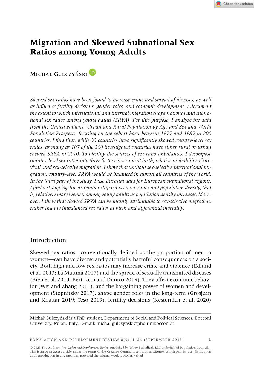 Pdf Migration And Skewed Subnational Sex Ratios Among Young Adults