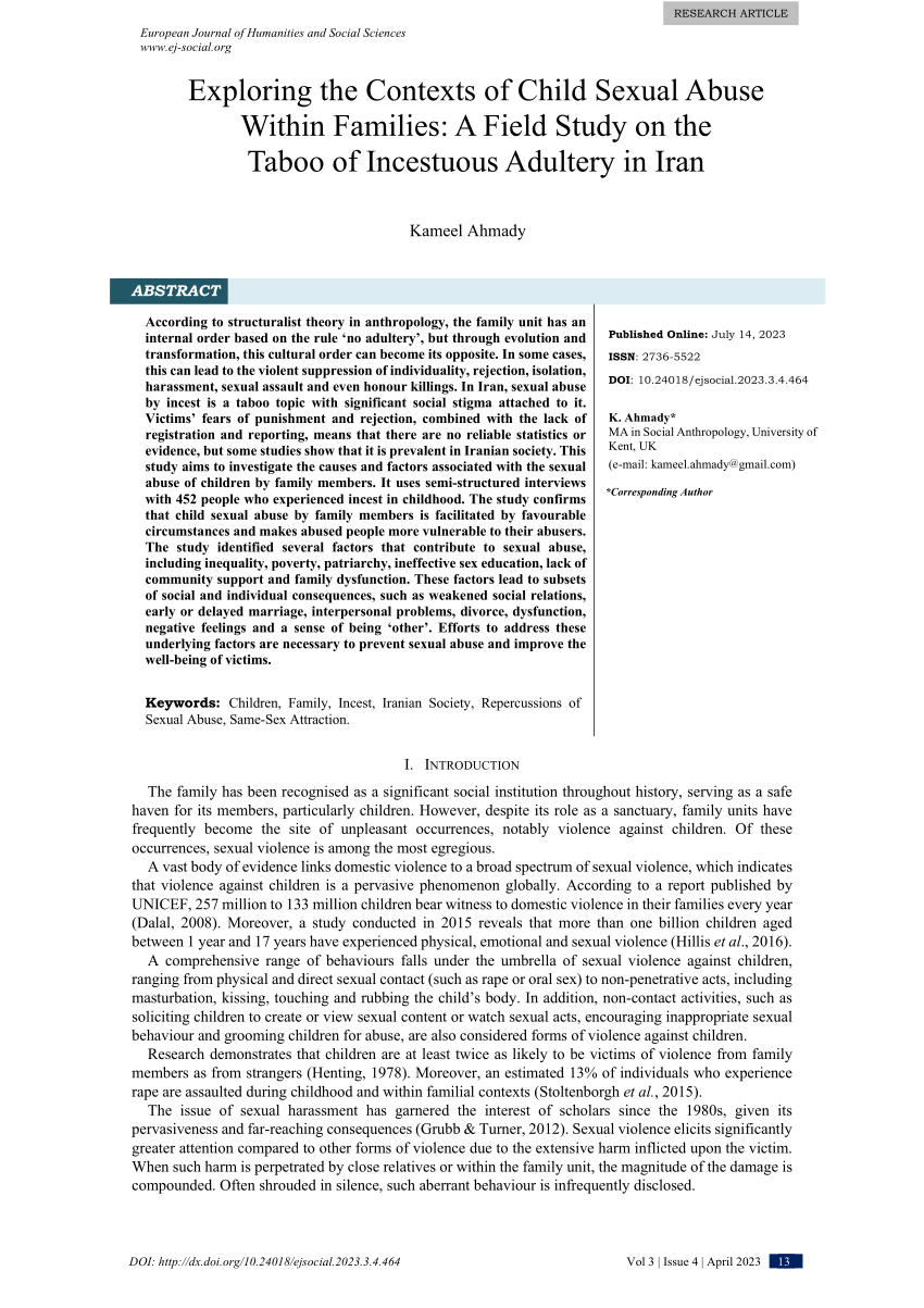 PDF) Exploring the Contexts of Child Sexual Abuse Within Families: A Field  Study on the Taboo of Incestuous Adultery in Iran