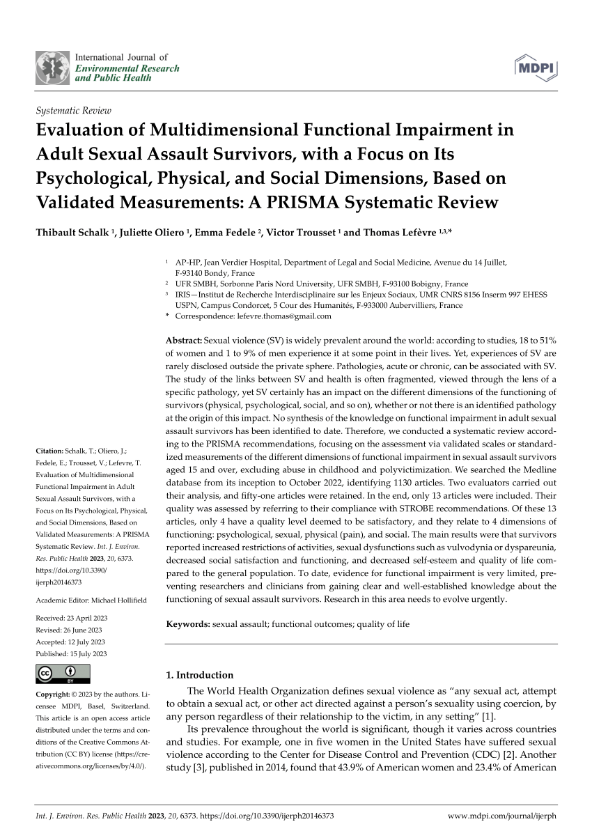 PDF) Evaluation of Multidimensional Functional Impairment in Adult Sexual Assault Survivors, with a Focus on Its Psychological, Physical, and Social Dimensions, Based on Validated Measurements A PRISMA Systematic Review picture
