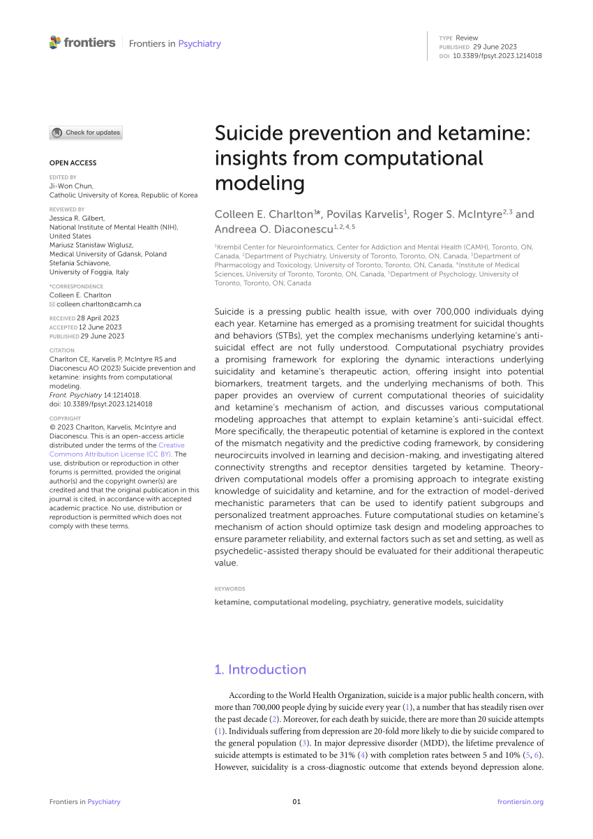 PDF) Suicide prevention and ketamine: insights from computational modeling