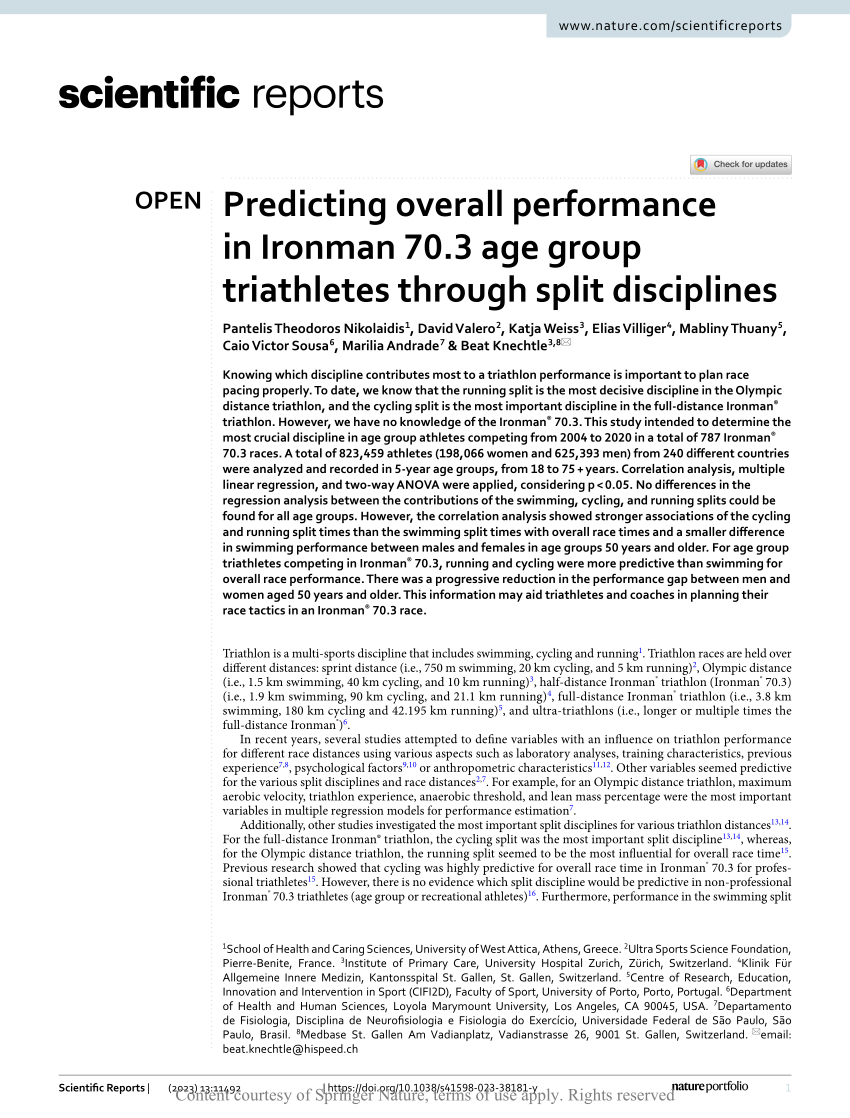 PDF) Predicting overall performance in Ironman 70.3 age group triathletes through split disciplines