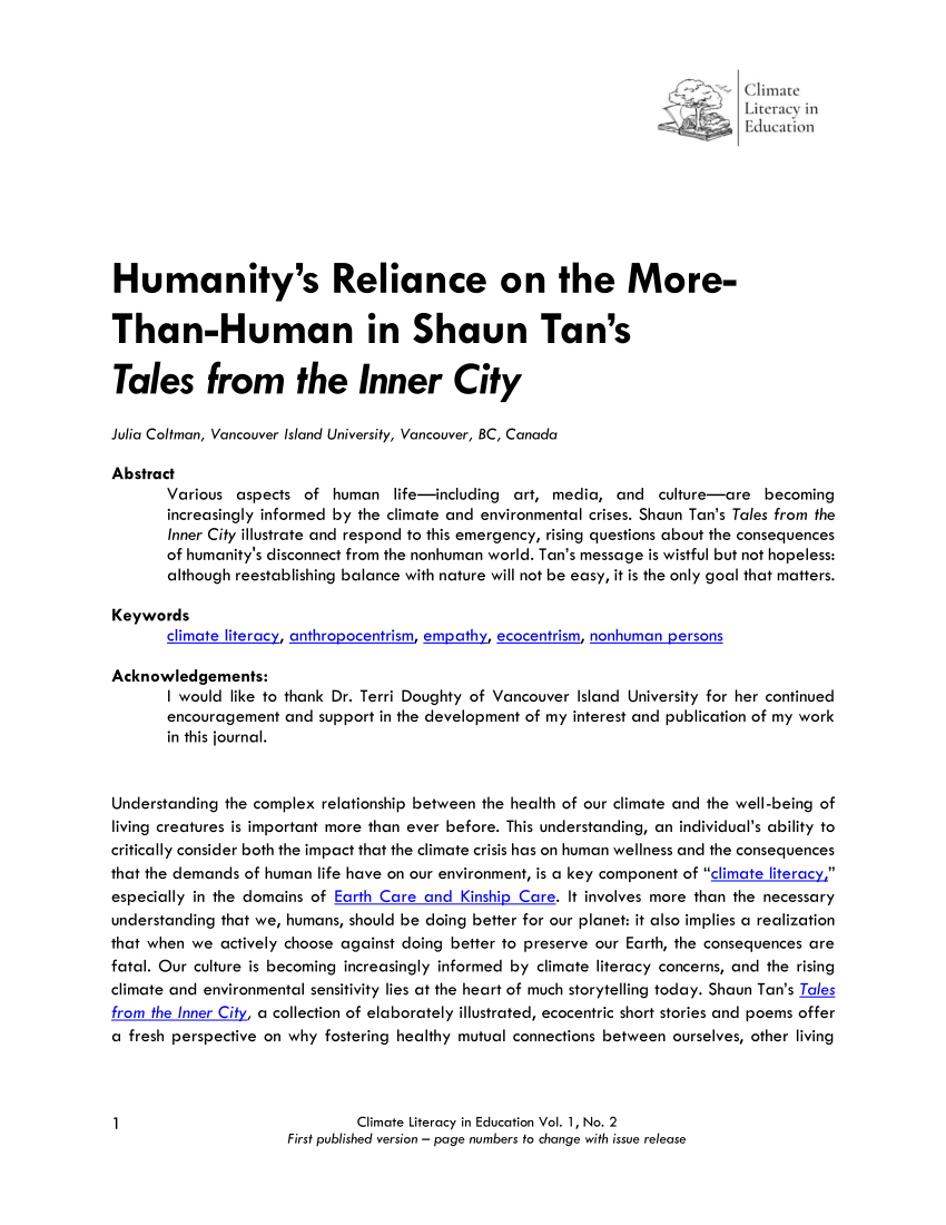 Pdf Humanitys Reliance On The More Than Human In Shaun Tans Tales