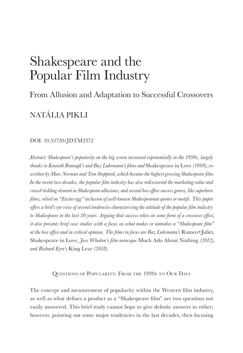 PDF) Shakespeare and the Popular Film Industry From Allusion and Adaptation  to Successful Crossovers
