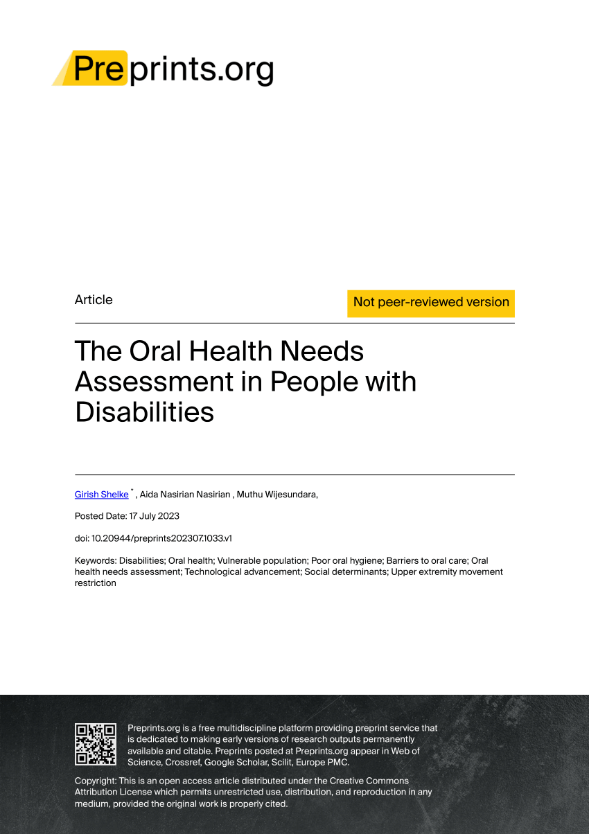 Pdf The Oral Health Needs Assessment In People With Disabilities 2284