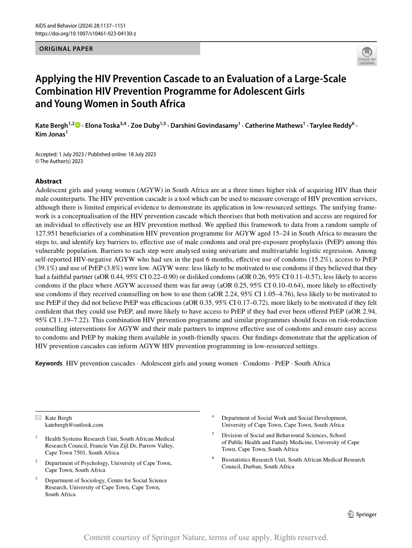 Pdf Applying The Hiv Prevention Cascade To An Evaluation Of A Large Scale Combination Hiv 9511