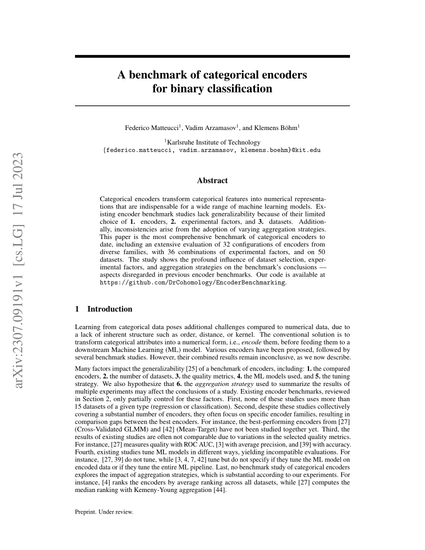 Pdf A Benchmark Of Categorical Encoders For Binary Classification 3557