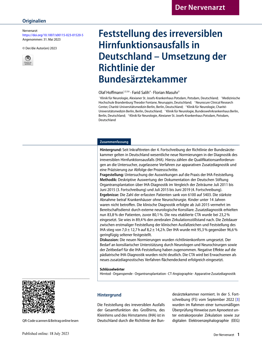(PDF) Diagnosis of brain death in Germany-Implementation of the ...