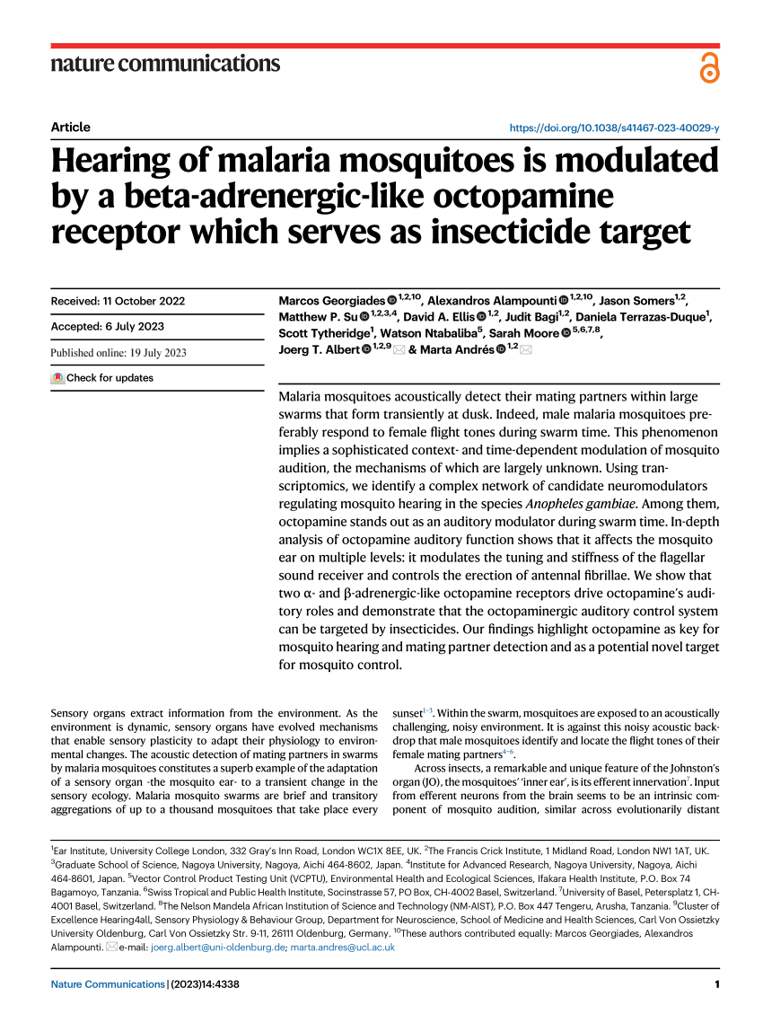 PDF) Hearing of malaria mosquitoes is modulated by a beta