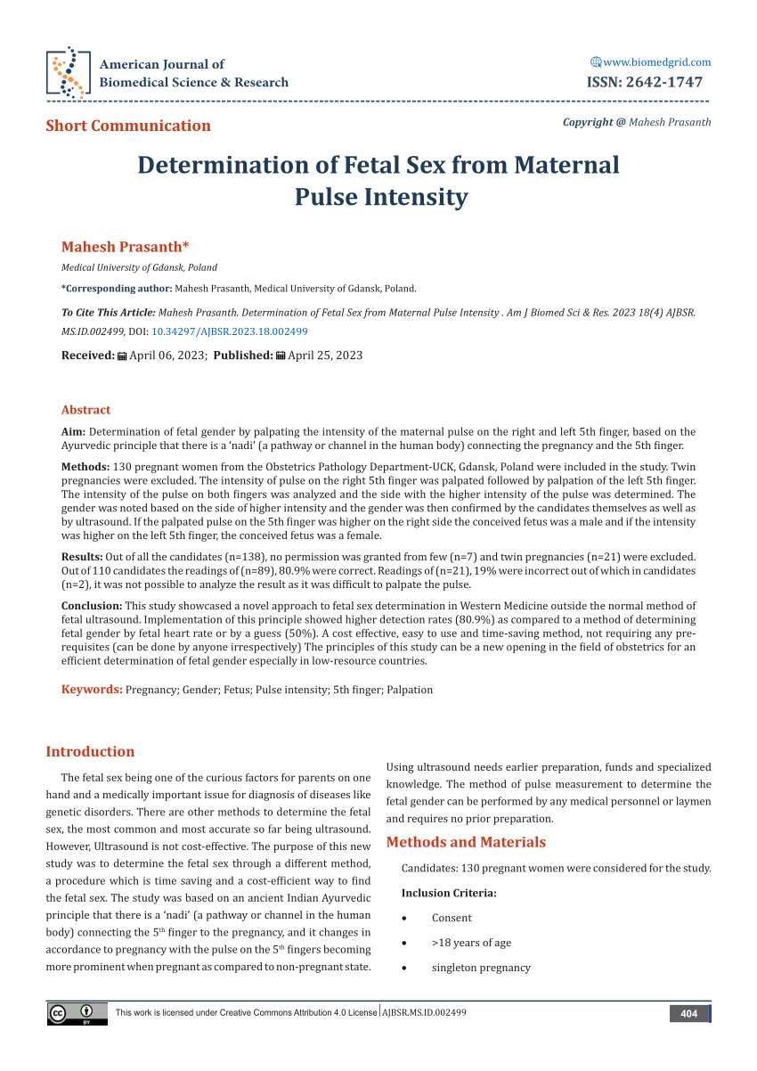 Pdf Determination Of Fetal Sex From Maternal Pulse Intensity 4412