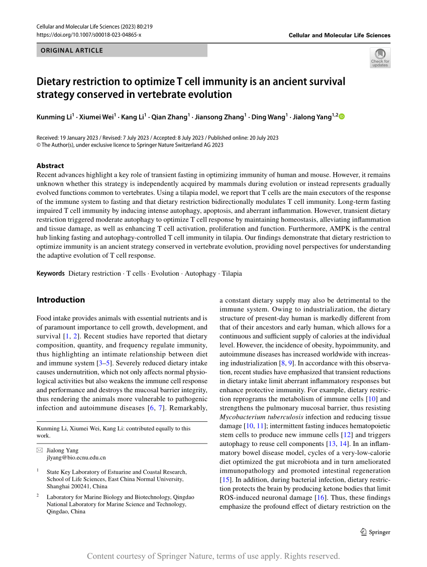 Dietary restriction to optimize T cell immunity is an ancient survival