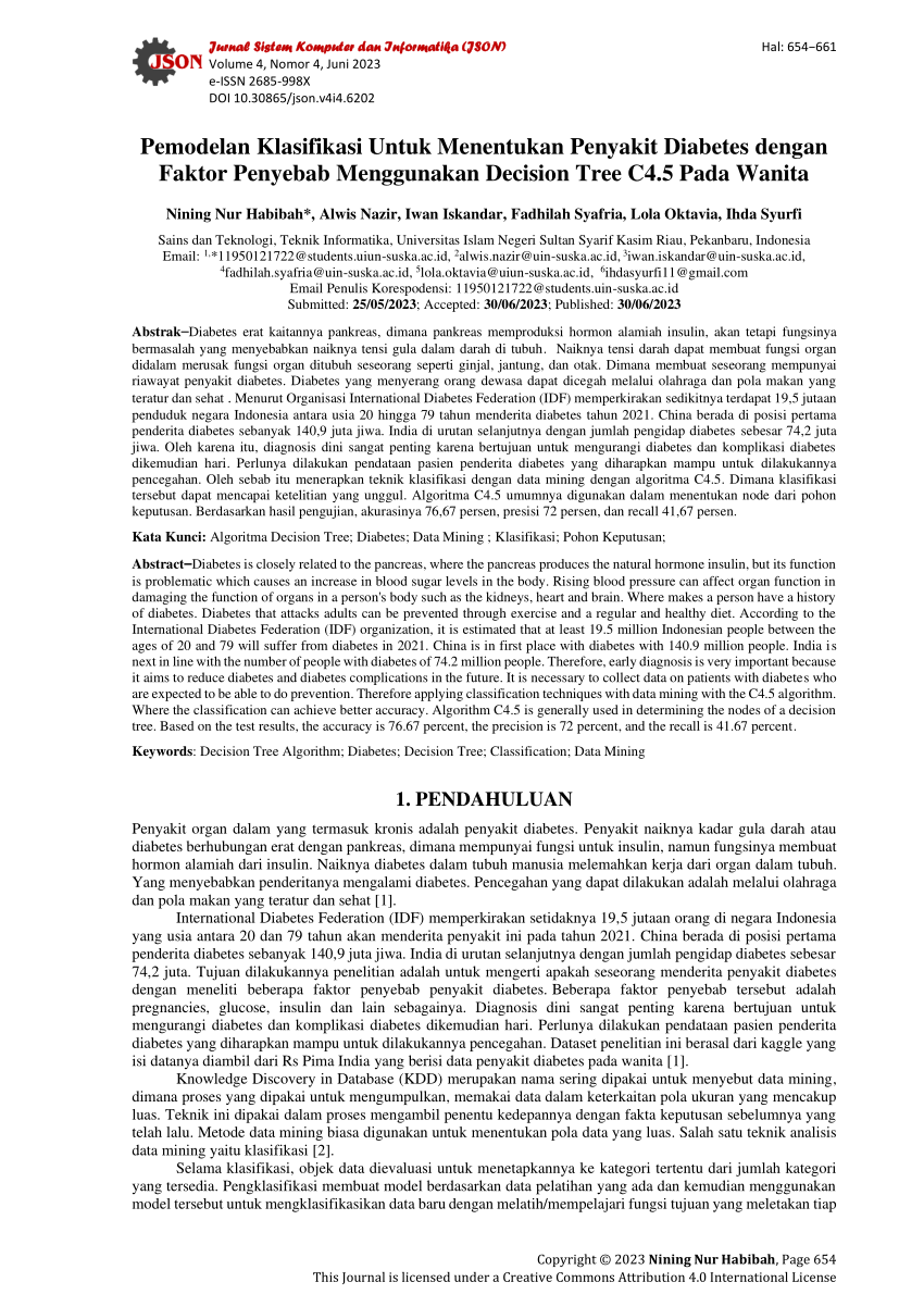 Pdf Pemodelan Klasifikasi Untuk Menentukan Penyakit Diabetes Dengan Faktor Penyebab 4733