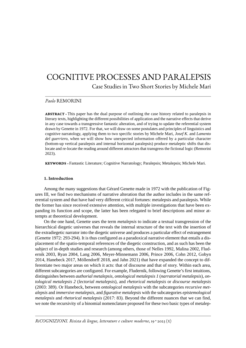 PDF) Cognitive Processes and Paralepsis. Case Studies in Two Short Stories  by Michele Mari