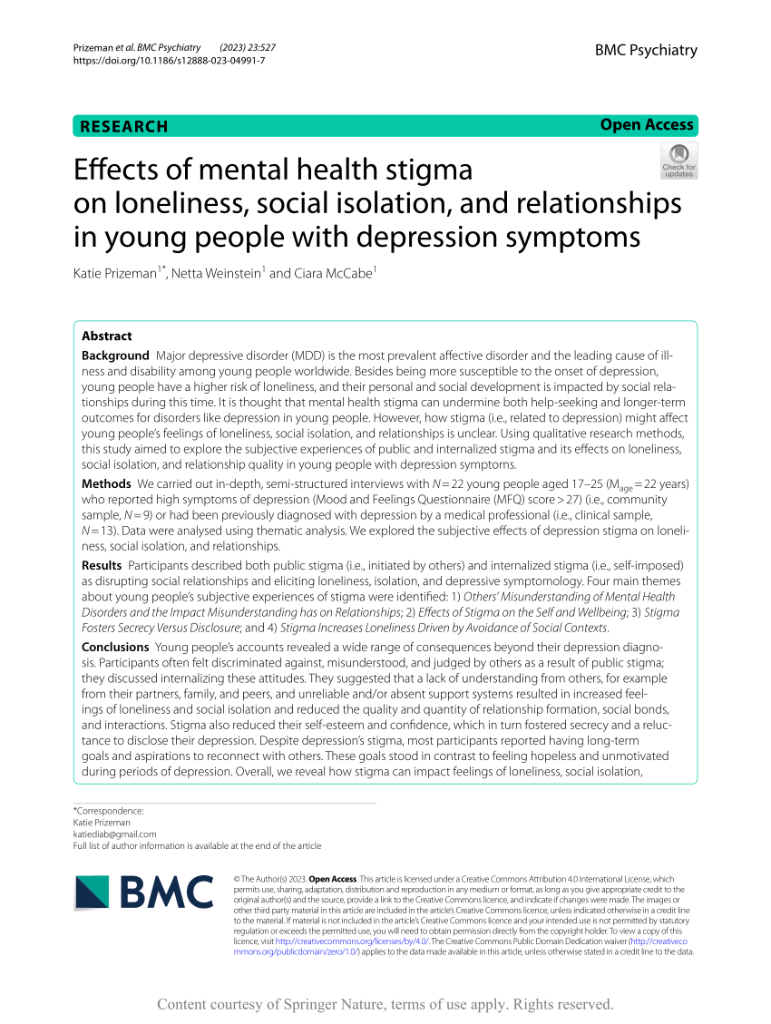 Pdf Effects Of Mental Health Stigma On Loneliness Social Isolation And Relationships In 7327